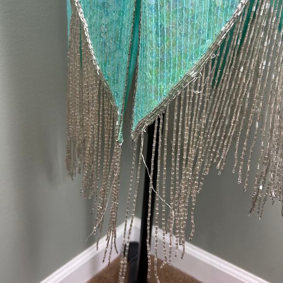 Vintage Aqua Blue Sequin Beaded Fringe Flapper Dress 1920s Costume sz Small Silk - Picture 6 of 12